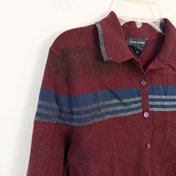 club monaco // maroon shimmer stripes button down collared knit top M - Picture 4 of 6